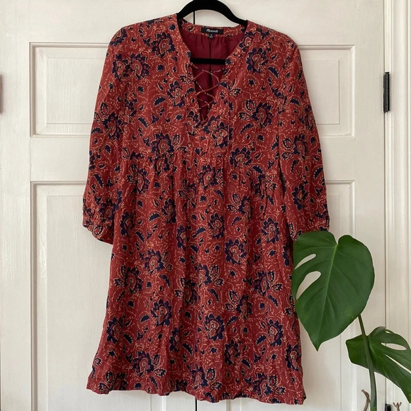 Madewell 100% Silk Lace-Up Dress in Assam Floral Babydoll Dress Fall Print Rust - Picture 5 of 11